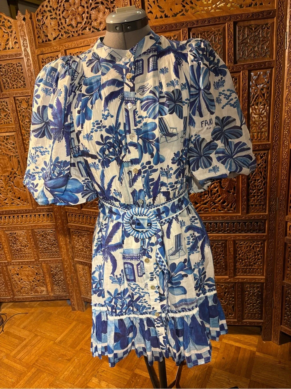 Farm Rio Blue Floral Print Short Dress with Belt